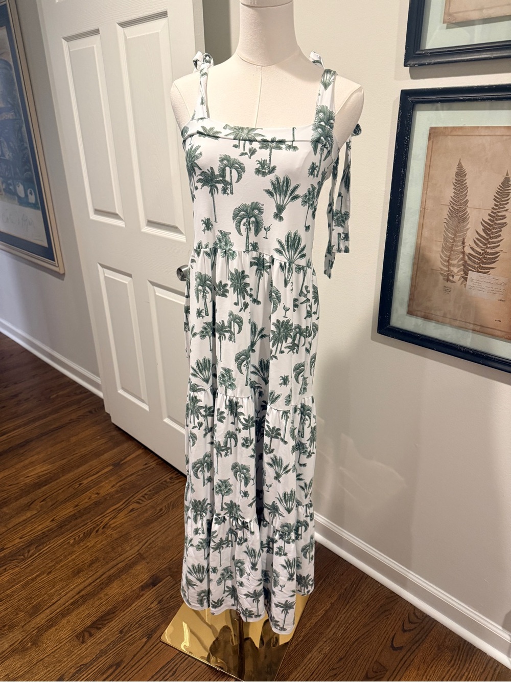 Tropical Palm-Print White Maxi Dress with Tie Straps